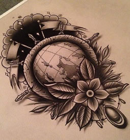 手稿地球仪花卉纹身图案