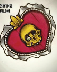 手稿彩绘心形骷髅纹身图案