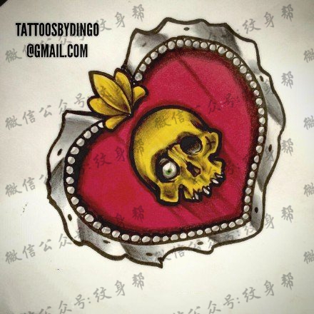 手稿彩绘心形骷髅纹身图案