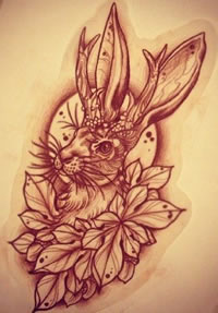 手稿兔子花卉纹身图案