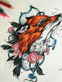 彩绘的狼纹身图案
