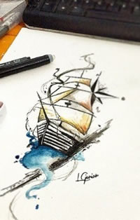 手稿帆船纹身图案