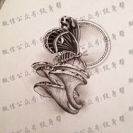 手稿蝴蝶蘑菇纹身图案