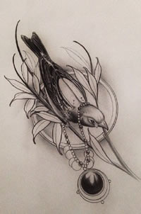 手稿翠鸟纹身图案