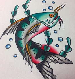 手稿彩绘鲶鱼纹身图案