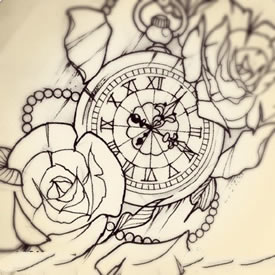 手稿罗马表玫瑰花纹身图案