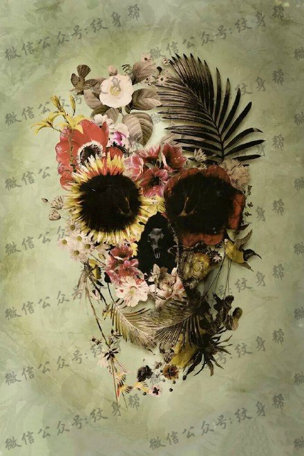 手稿花卉骷髅纹身图案