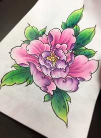 手稿彩绘的牡丹纹身图案