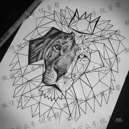 手稿几何元素狮子纹身图案