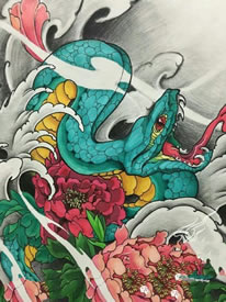 手稿蛇牡丹纹身图案