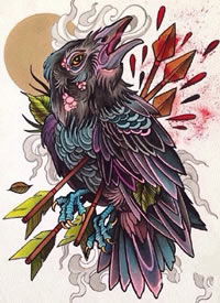 背射中的乌鸦纹身图案