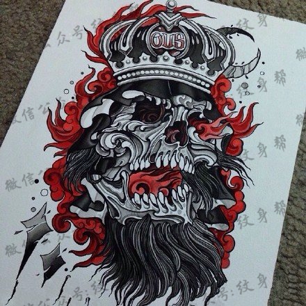 手稿大骷髅皇冠纹身图案