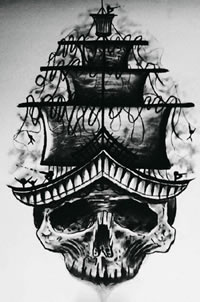 手稿帆船骷髅纹身图案