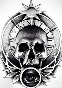素描罗马时钟骷髅纹身图案