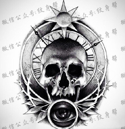 素描罗马时钟骷髅纹身图案