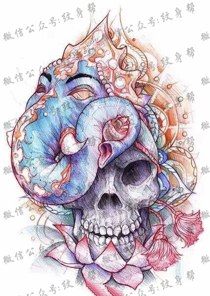 手稿素描象神骷髅纹身图案