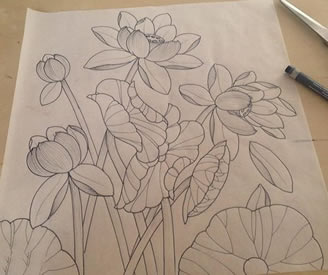 素描的荷花纹身图案