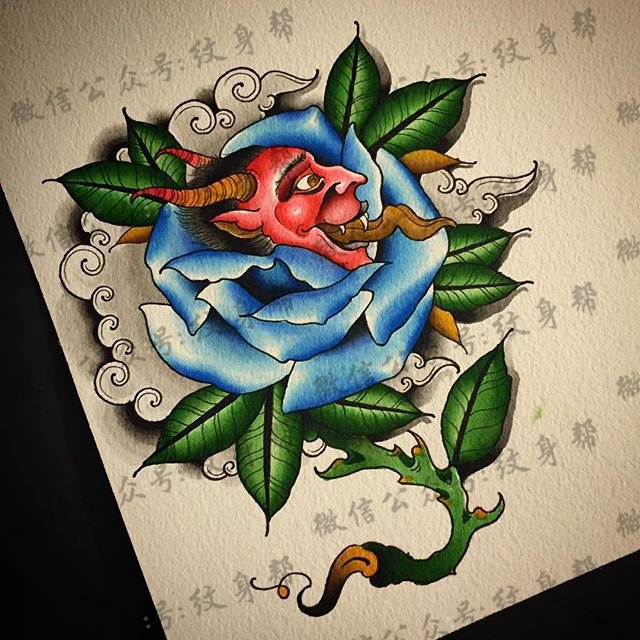 手稿玫瑰般若纹身图案