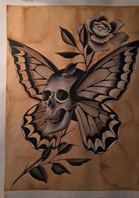手稿骷髅蝴蝶纹身图案
