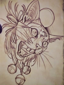 手稿线条的猫咪纹身图案