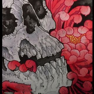 手稿牡丹骷髅纹身图案