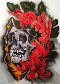 手稿的菊花骷髅纹身图案