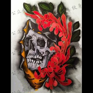 手稿的菊花骷髅纹身图案