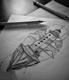 手稿的灯塔纹身图案