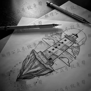 手稿的灯塔纹身图案