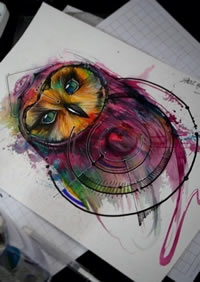 水彩逼真的猫头鹰纹身图案