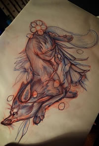 手稿线条狐狸纹身图案