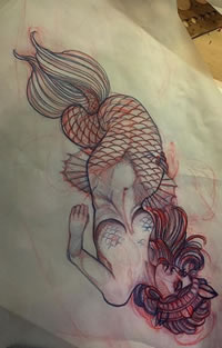 手稿点刺线条美人鱼纹身图案