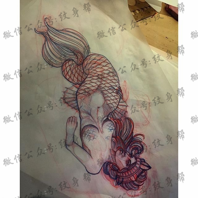 手稿点刺线条美人鱼纹身图案