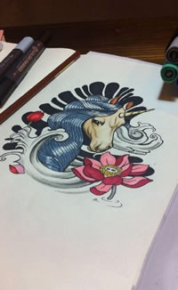 手稿精美的独角兽纹身图案