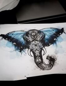 水彩象鼻子象牙纹身图案