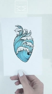 手稿心形海浪纹身图案