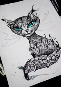 手稿梵花猫咪纹身图案