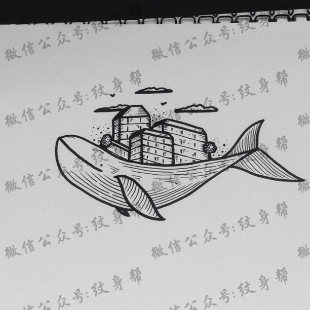 线条海豚房子纹身图案