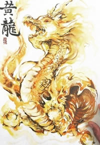 手稿水彩黄龙纹身图案