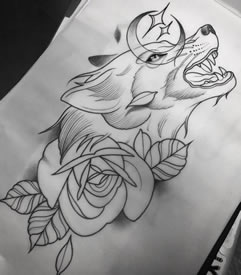 手稿的玫瑰狼纹身图案