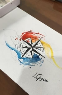 手稿水彩指南针纹身图案