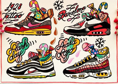 手稿彩绘各种跑鞋纹身图案