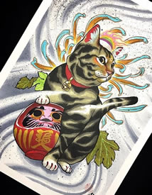 手稿猫咪达摩纹身图案