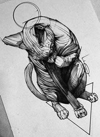 手稿线条经典猫咪纹身图案