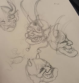 手稿素描般若面具纹身图案