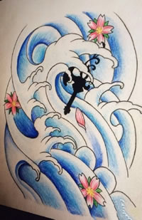 手稿蓝色的浪花纹身图案