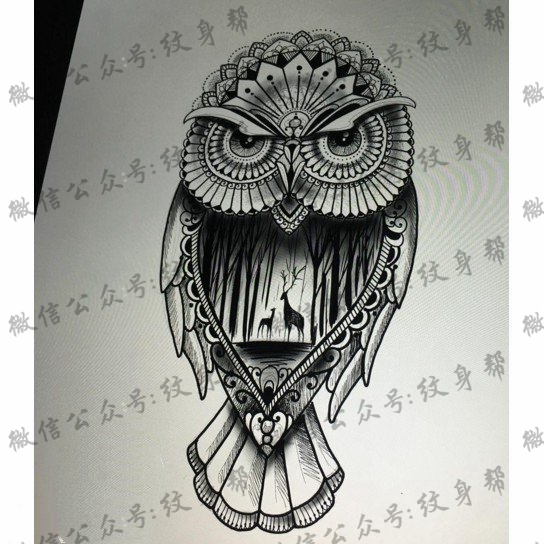 手稿经典抽象猫头鹰纹身图案