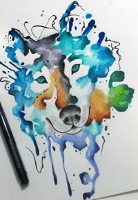 手稿泼墨的狼纹身图案