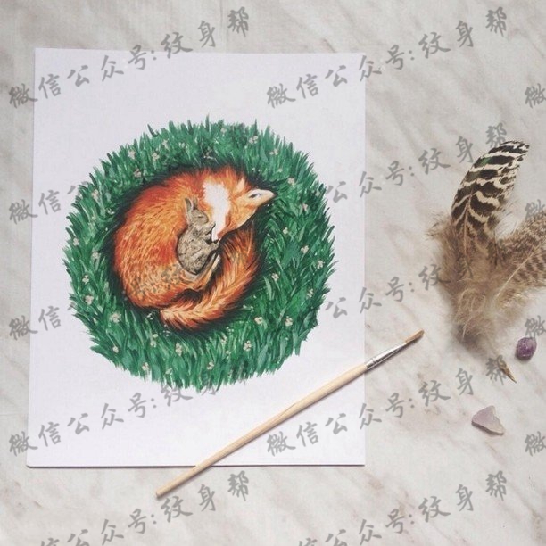 手稿狐狸母子纹身图案