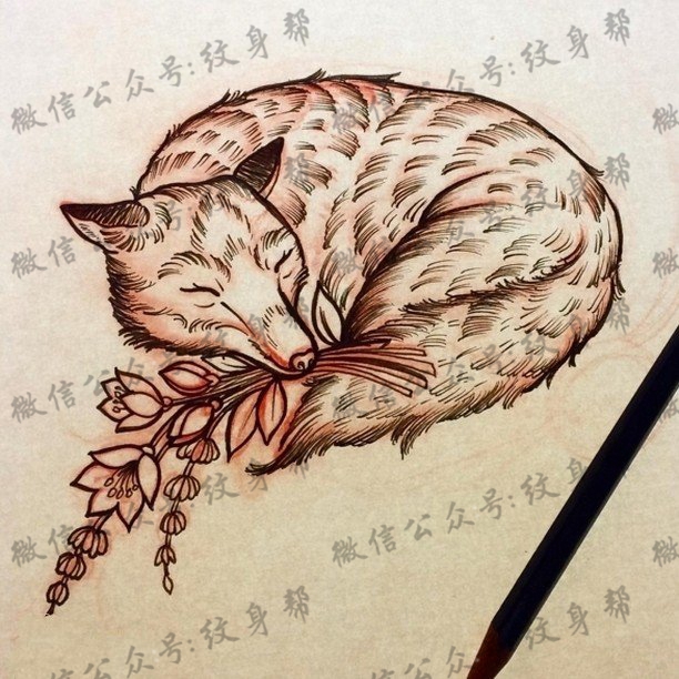 手稿狐狸母子纹身图案